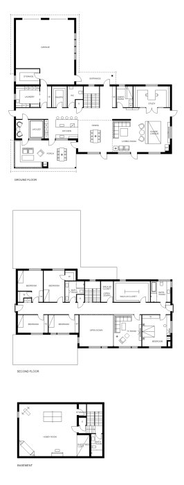 Arkitektonisk ritning av ett hus med tre våningar inklusive källare, markerad hiss, och rumsuppdelning.