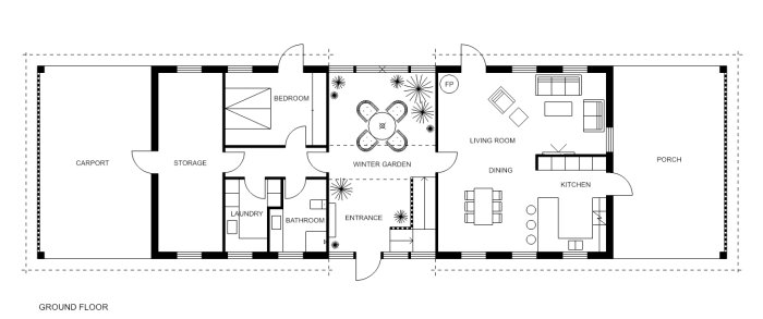 Planritning över bottenvåningen i en lada med sovrum, vardagsrum, vinterträdgård, kök och veranda.