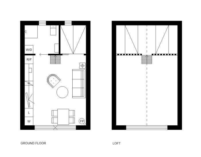 Ritningar över bottenvåningen och loftet i ett kompakt, modernt attefallshus.