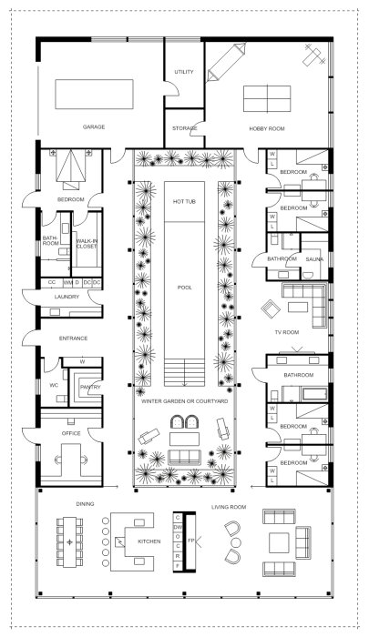 Arkitektonisk ritning av en enplansvilla med garage, hobbyrum, tre sovrum, vinterträdgård och pool.