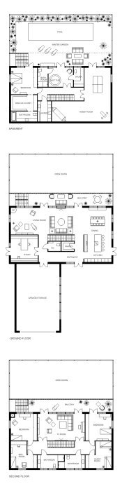 Arkitektritningar över källare, bottenvåning och andra våningen på ett modernt hus med balkong och innergård.