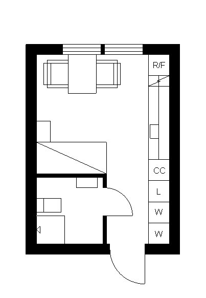 Planritning av en liten etta med inglasad balkong och öppen innegård.