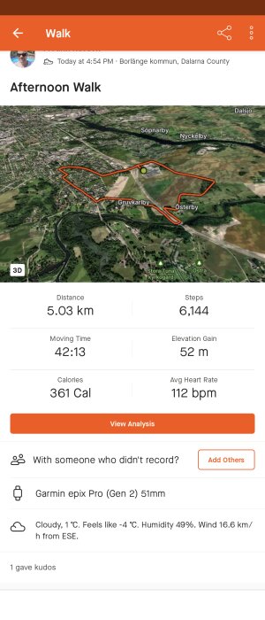 Skärmklipp av en promenadaktivitet visande en 3D-karta med en markerad rutt på 5,03 km, statistik över steg, tid och puls.