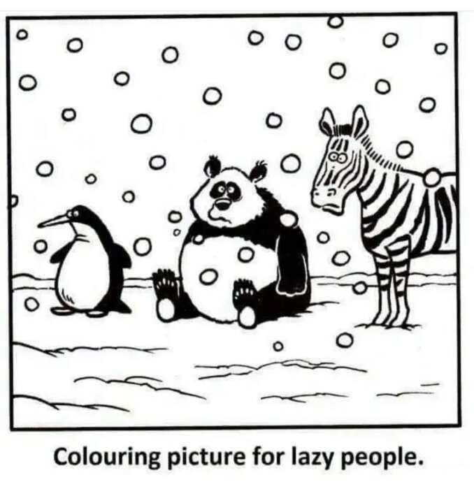 Illustration av en pingvin, en panda och en zebra mot prickig bakgrund med texten "Colouring picture for lazy people".