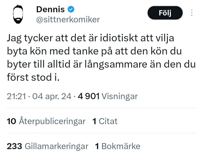 Skärmdump av ett social media-inlägg med text om kön och köbyten.