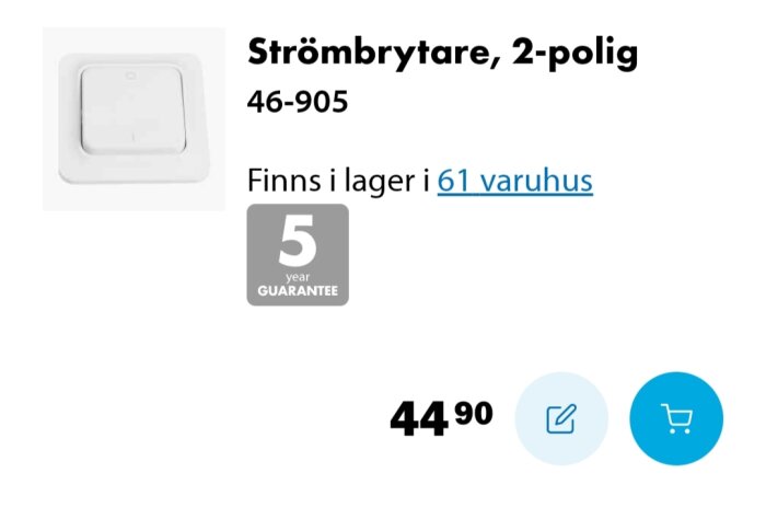 Strömbrytare, 2-polig, vit design med artikelnummer 46-905, visad bredvid pris och lagersaldoinformation.