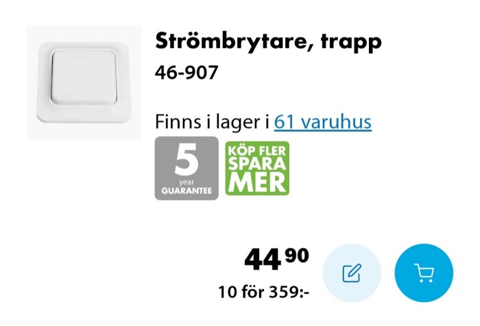 Vit strömbrytare för trapp, modellnummer 46-907, tillgänglig i 61 butiker, 5 års garanti.