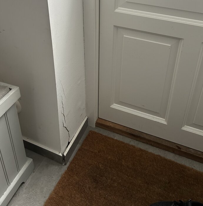 Sprickor i en vägg vid en dörrkarm med en vitmålad dörr och en brun dörrmatta på golvet.