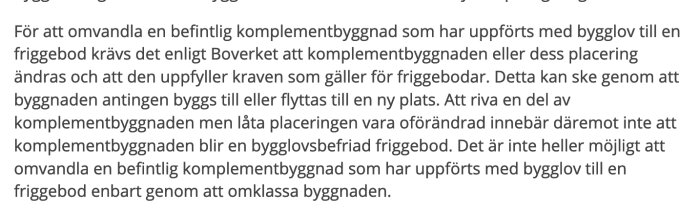 Texturklipp som förklarar att för att omvandla en komplementbyggnad med bygglov till en friggebod måste vissa krav uppfyllas enligt Boverket.