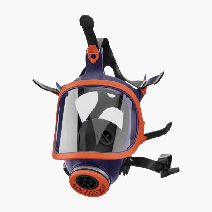 Helmask med genomskinligt visir, andningsventil och remmar, tänkt för arbete med mögel och kemikalier.