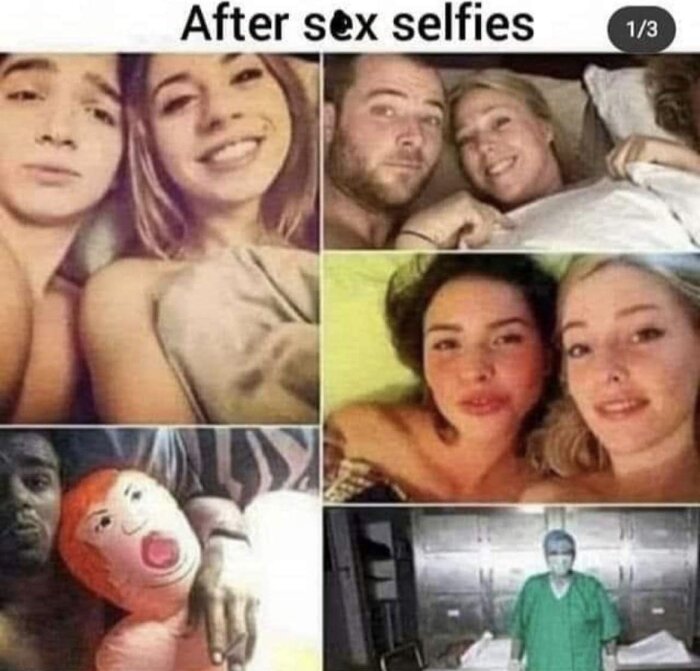 Kollage av fyra bilder med män och kvinnor som poserar i sängar och texten "After sex selfies" ovanför.