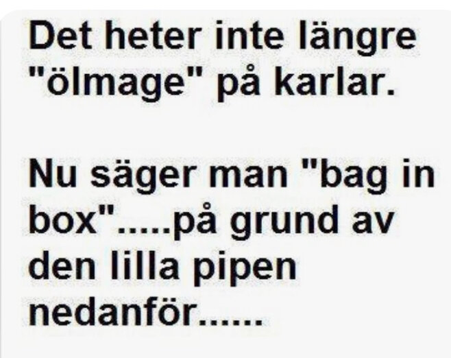 Textskämt som omdefinierar "ölmage" till "bag in box" med hänvisning till en liten pip, anspelar på manskropp.