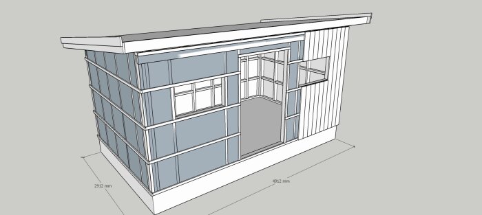 3D-skiss av byggnad med angivna mått, luftspalt och takkonstruktion.
