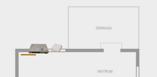 Schematisk bild av husplan med fiberuttag och bredbandsswitch på vardagsrumsbord.