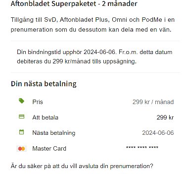 Skärmdump av prenumerationsdetaljer och betalningsinformation för ett erbjudande från en nyhetstjänst.