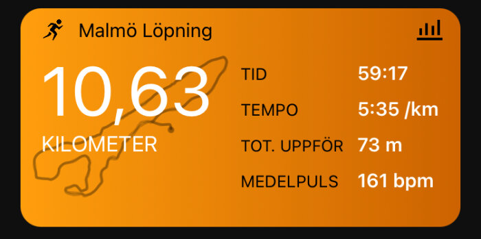 App-skärm med löpresultat: 10,63 km distans, 59:17 tid, 5:35/km tempo, 73 m total stigning, 161 bpm medelpuls.