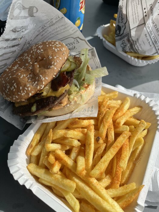 Hamburgare deluxe med chilicheese och pommes frites, serverad utomhus på papperstallrikar.