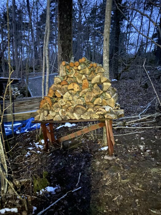 Vedstapel på träbock utomhus i skymningen med träd i bakgrunden.