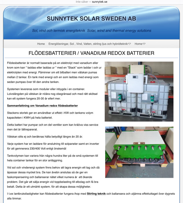 Vanadium redoxflödesbatterier och komponenter för energilagringssystem.