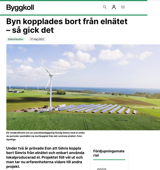 Solcellspaneler och vindturbin på ett fält med havet i bakgrunden, illustrerar lokalt energiprojekt.