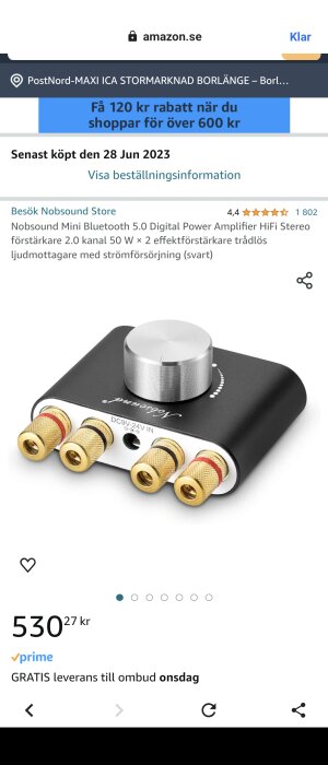 Nobsound Mini Bluetooth digital förstärkare på Amazon produktsida, svart med volymknapp och anslutningar.