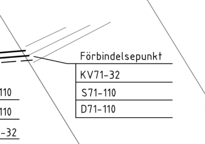 Byggritning som visar förbindelsepunkt för kommunal dagvattenledning märkt D71-110.