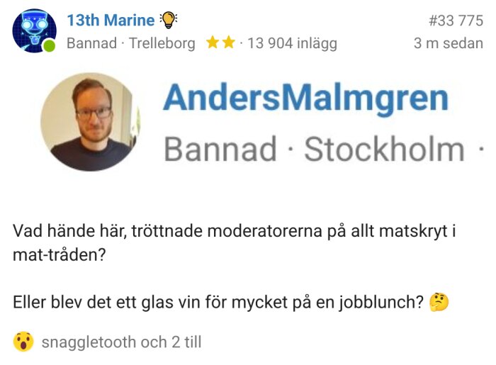 Skärmbild av ett forummeddelande där användaren "13th Marine" är bannad.