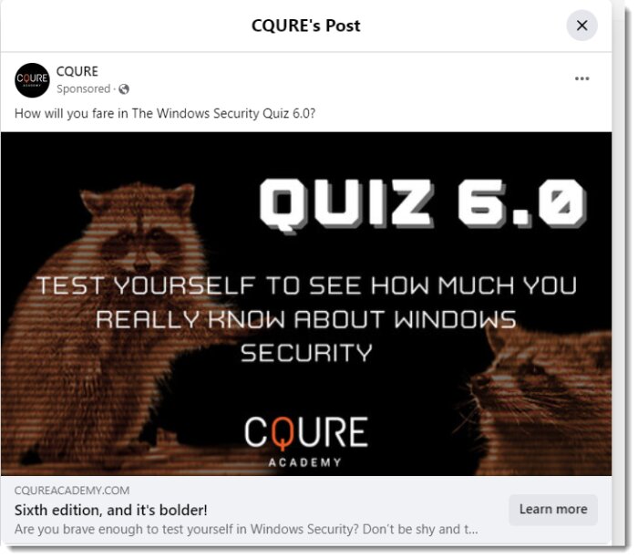 Illustration av en säkerhetstävling "QUIZ 6.0" med text om Windows säkerhet och CQURE Academy logotyp.