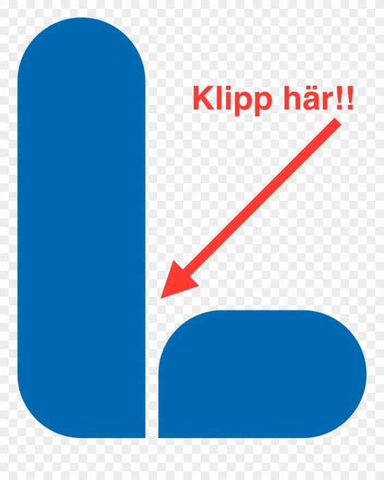 Schema för skärning av köksbänk med texten "Klipp här!" och röd pil som pekar på skärningslinjen.