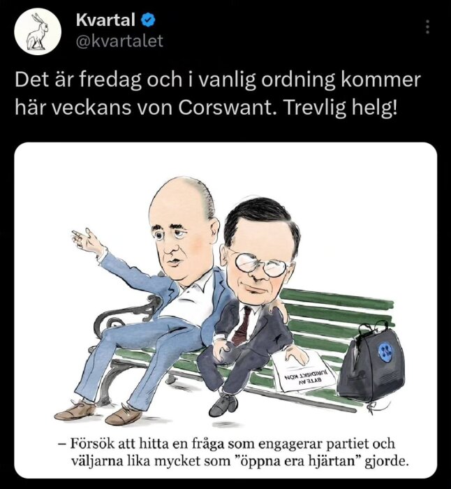 Karikatyr av två män i kostymer sittandes på en parkbänk med en pratbubbla.