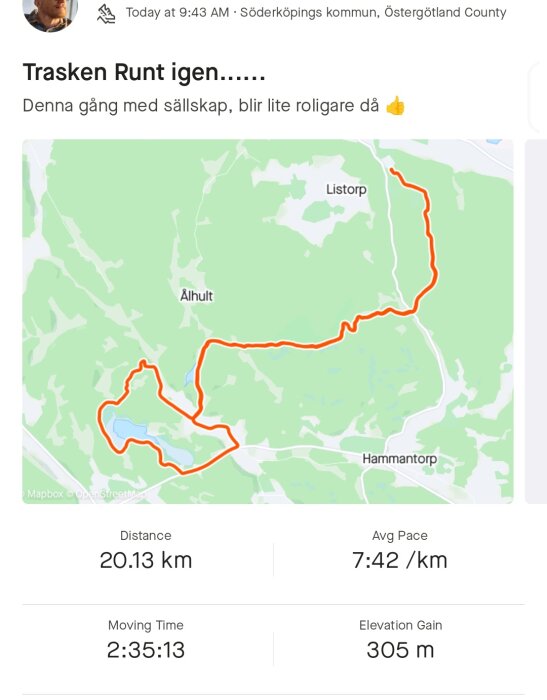 Kartskärmbild som visar en rutt på 20.13 km markerad med orange i en löpapp nära Listorp och Hammantorp.