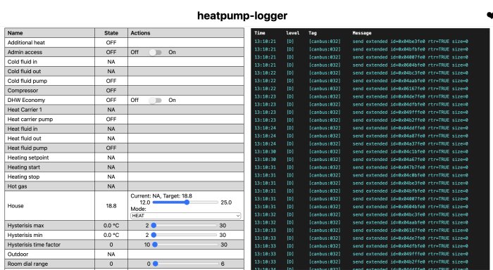 Skärm med logg och status för en värmepump som visar systemstatistik och CAN-buskommunikation.