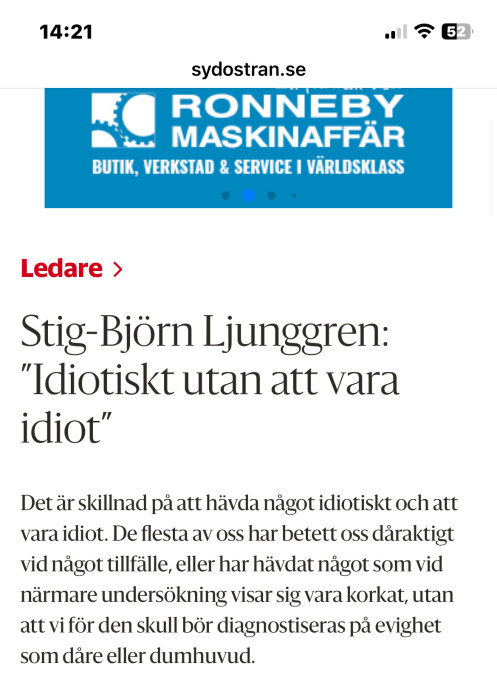 Skärmdump av en artikel med titeln "Stig-Björn Ljunggren: 'Idiotiskt utan att vara idiot'" på sydostran.se.