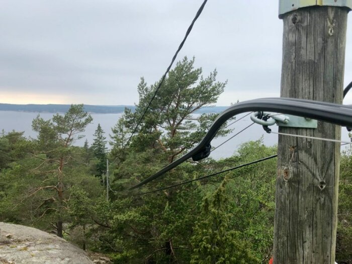 Kabel fäst vid en telefonstolpe med utsikt över en skog och en sjö i bakgrunden.
