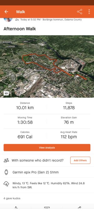 Skärmdump av aktivitetsapp som visar rutt på karta för en promenad på 10 km i Borlänge med statistik.