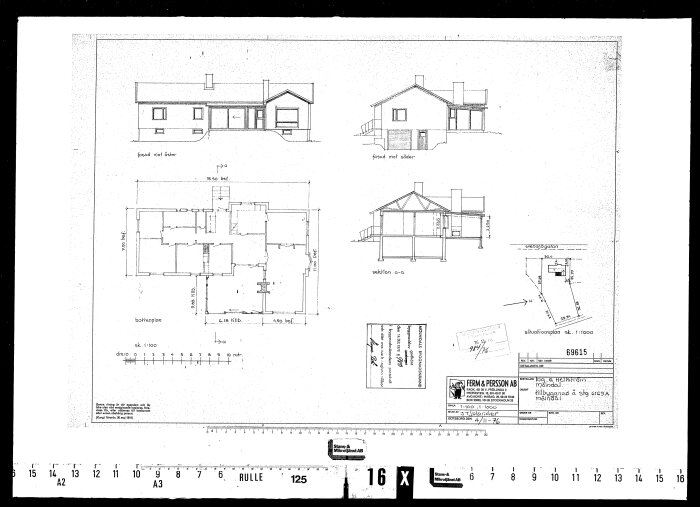 Arkitektritning av en villa med fasadvyer, planlösning och sektioner.