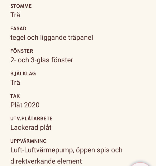 Dokument med en lista över byggnadskomponenter, inklusive nyligen bytt tak år 2020.