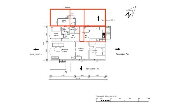 Planritning med markerade områden för ombyggnation: vänster rum, stor hall i mitten, kök till höger och garderober i lilla rektangeln.