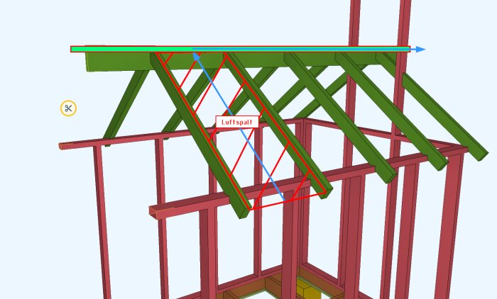 3D-modell av en byggnadsstomme med takbjälkar och markerad luftspalt.