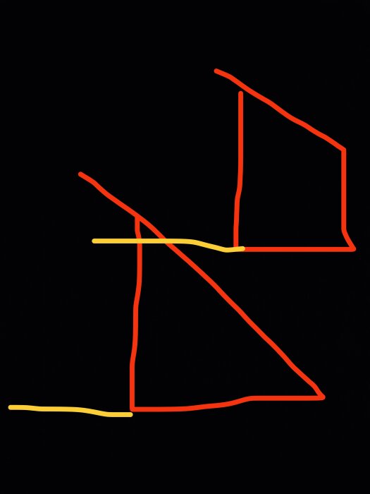 Schematisk ritning av två geometriska figurer liknande takstolar med en snedställd del och en horisontell förlängning.