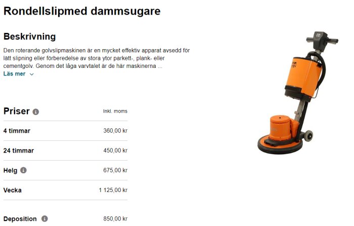 Golvslipmaskin med orange färg och svart handtag, avsedd för slipning av stora ytor, visas bredvid prisinformation.