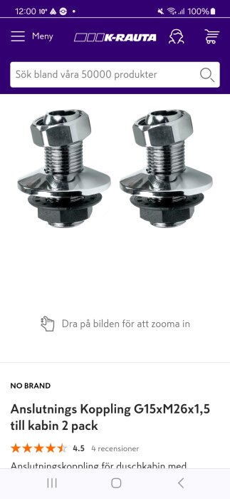 Två metalliska anslutningskopplingar för duschkabin, G15xM26x1,5, i ett 2-pack på en vit bakgrund.