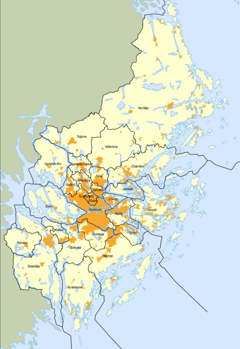 Karta över Stockholms län med kommuner, vissa markerade i orange, nära Stockholms stad.
