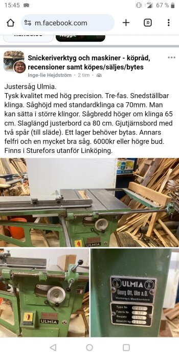 Justersåg Ulmia av gjutjärn, med kontrollpanel och tillverkarplakett, i en verkstadsmiljö med trämaterial i bakgrunden.