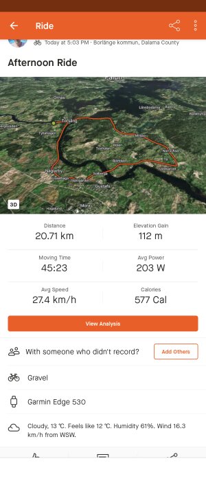 Skärmavbild av cykeltur med rutt på karta, distans, höjdvinst och andra statistik från ett träningsspårningsprogram.