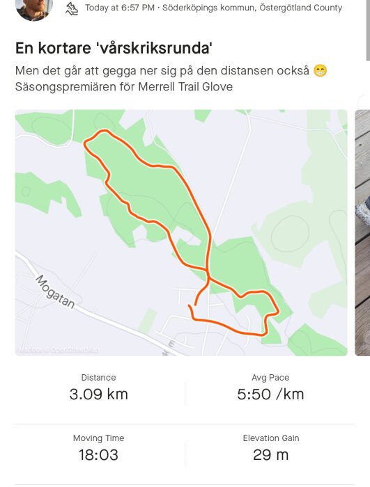 Karta som visar en löprunda markerad med ett rött spår, distans 3,09 km, tid och höjdinformation.