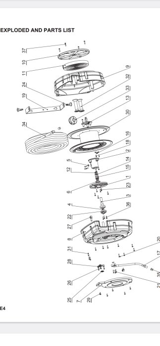 Exploded view illustration of a pressure air hose reel with labeled parts for assembly guidance.