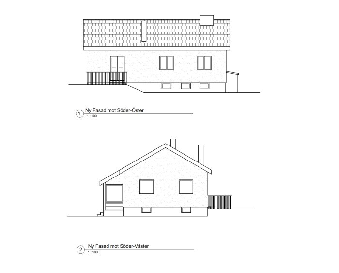 Arkitektritningar av husets två olika fasader, Ny Fasad mot Söder-Öster och Ny Fasad mot Söder-Väster.