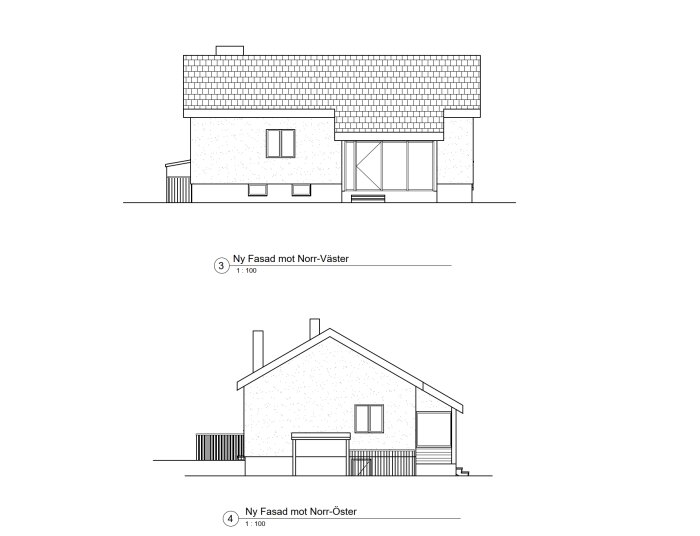 Två arkitektoniska ritningar visar norr-västra och norr-östra fasaderna av ett enbostadshus.