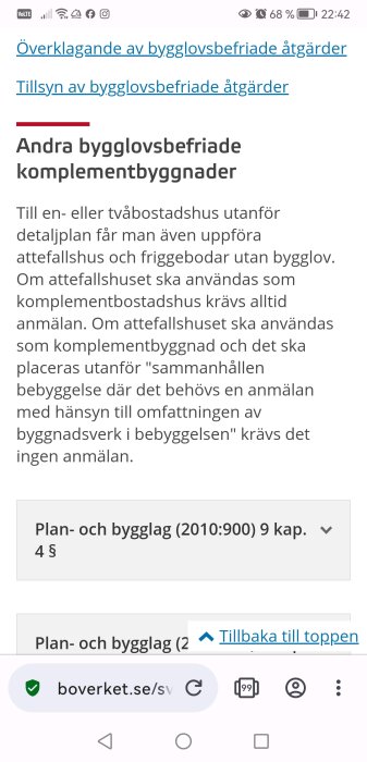 Skärmdump av en webbsida med information om bygglovsbefriade åtgärder och attefallshus.